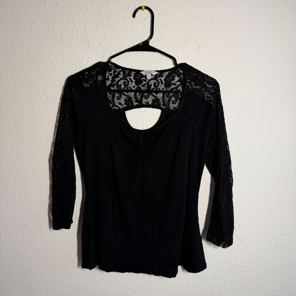 Candie's Blouse Top Womens Large Black Lace Overlay Ruched Front Cutout Back